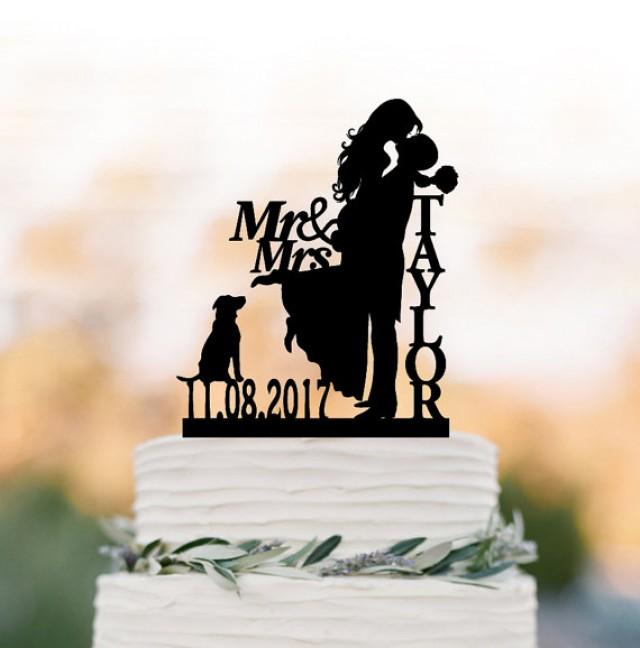 wedding photo - Personalized Wedding Cake topper with dog, bride and groom silhouette wedding cake topper, custom anem and date cake topper