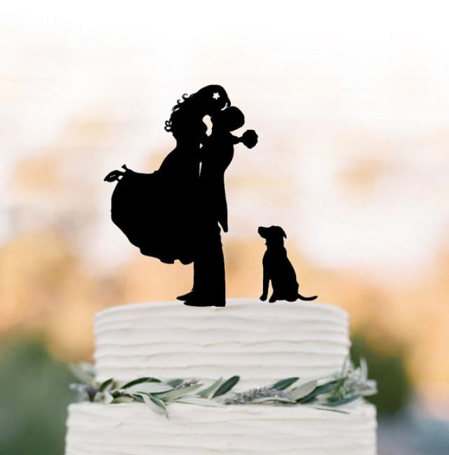 wedding photo - Funny Wedding Cake topper with dog, groom kissing bride silhouette cake topper. unique wedding cake topper, topper with pet