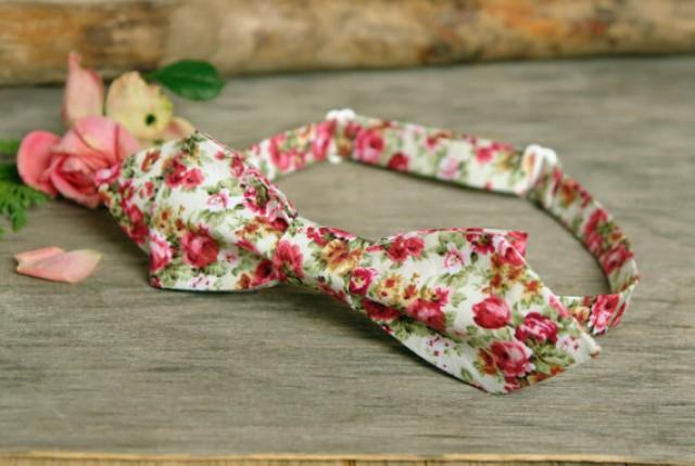 wedding photo - Bow Tie off white with deep pink Flowers Bow Tie Off White Floral Wedding Bow Tie