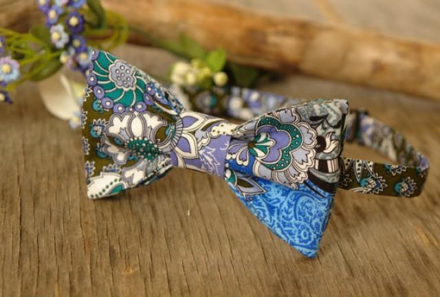wedding photo - Bow tie Blue with Amethyst Flowers Bow Tie Royal Blue Wedding Bow Tie Bow Tie Teal Flowers