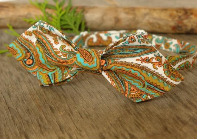 wedding photo - Bow Tie mint green & old gold paisley BowTie white Classic Bow Tie Wedding Bow Tie