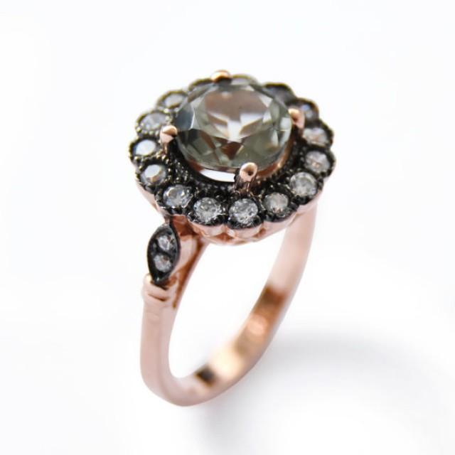 wedding photo - Flower Rose Gold ring, Green Amethyst and clear zircons, 14K Rose Gold, Vintage gemstones ring, Large multistone ring, Gold statement ring