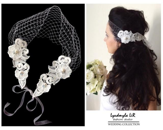 wedding photo - Wedding Bridal Bandeau Birdcage Veil with Lace, Swarovski Crystals & Pearls. Headpiece Hair piece Accessory, French Russian Veiling White
