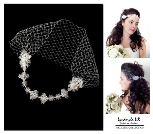 wedding photo - Bridal Wedding Bandeau Birdcage Veil. Lace Swarovski Crystals Pearls. Headband Headpiece Hair piece Accessory French Russian Veiling White