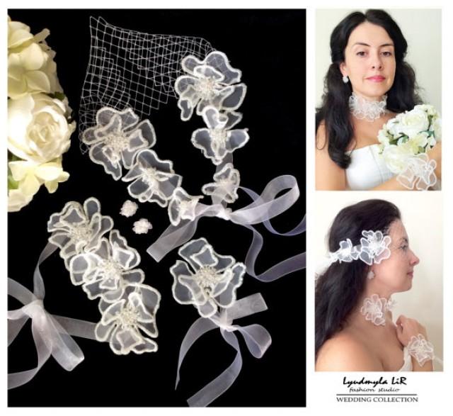 wedding photo - Bridal Wedding 4pc Set with White Flowers: Bandeau Birdcage Veil/Earrings/Bracelet/Necklace/Headpiece/Headband. Swarovski Crystals Pearls