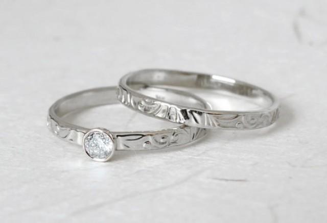 wedding photo - Wedding Ring set - Bridal set, Matching ring set, Floral Diamond Engagement Ring, wedding band, small diamond ring, 14k solid gold ring set.