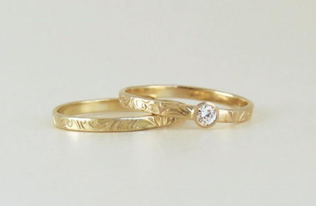 wedding photo - Matching Engagement ring and wedding Ring set - Bridal set, Floral Diamond ring, small diamond ring, wedding band, 14k solid gold ring set.