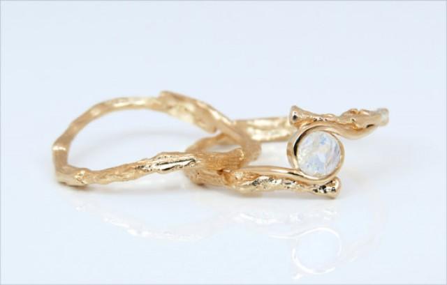wedding photo - Rose gold bridal set, moonstone engagement ring, matching wedding ring, 14k gold ring with moonstone, unique moonstone ring, twig gold ring.