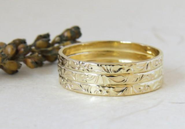 wedding photo - Gold wedding ring, floral wedding band, wide band in 14k solid gold, Unisex wedding band, Mens wedding band, Flower wedding band, tricolor.