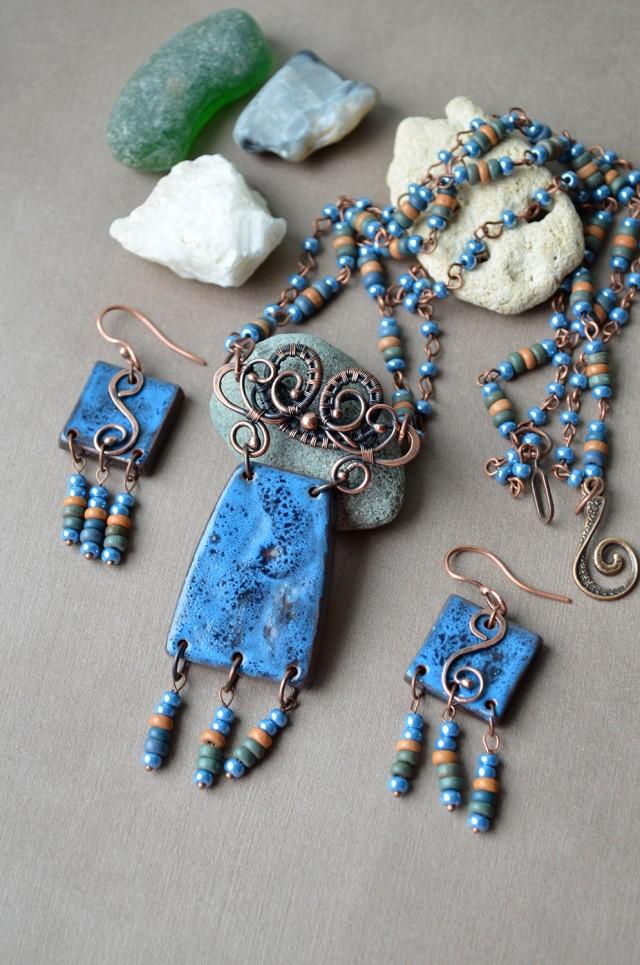 Sea Blue Ceramic Necklace, Gypsy Jewelry, Bohemian Jewelry Set, Wire