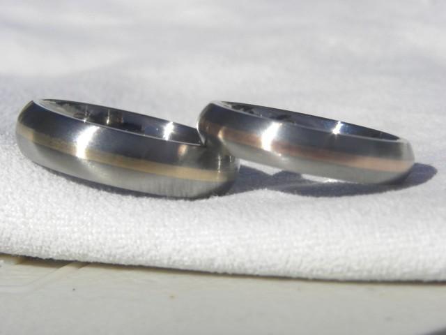 wedding photo - Titanium Ring SET,  Domed Profile with a 1mm gold inlay stripe