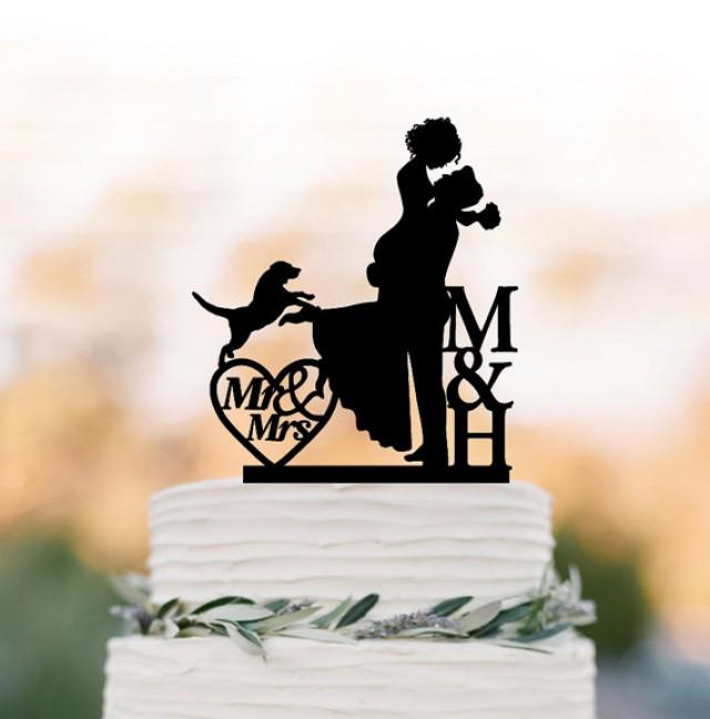 wedding photo - initial Wedding Cake topper with dog bride and groom silhouette Mr and mrs, personalized wedding cake topper letters, unique cake topper