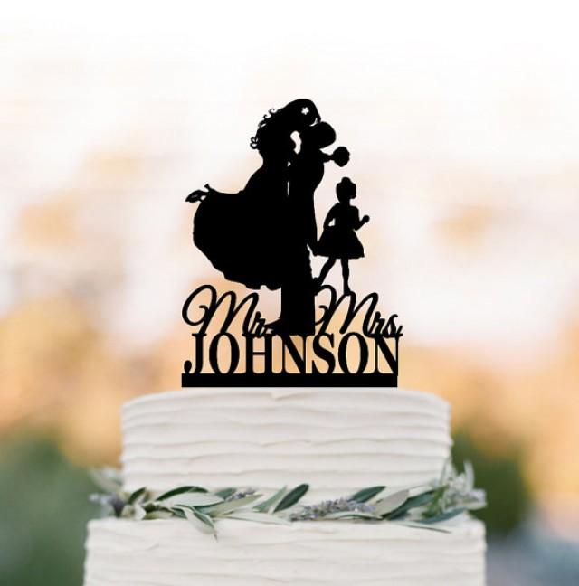 wedding photo - personalized Wedding Cake topper with child mr and mrs, bride and groom cake topper with girl, unique custom cake topper for wedding