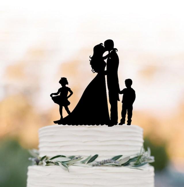 wedding photo - Funny Wedding Cake topper with twins, bride and groom cake topper with girl and with boy, unique custom cake topper for wedding