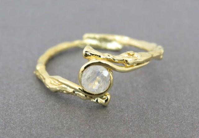 wedding photo - Moonstone engagement ring, unique moonstone ring, twig gold ring, 14k solid gold ring with moonstone, friendship ring, bark wood gold ring.