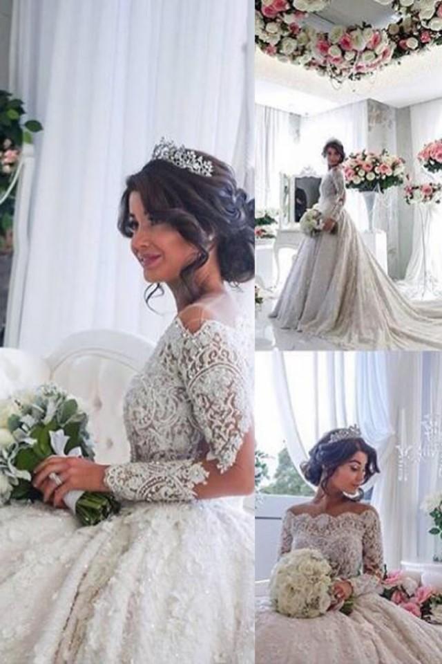 wedding photo - Dignified Off Shoulder Long Sleeves Court Train Lace Ruched Wedding Dress