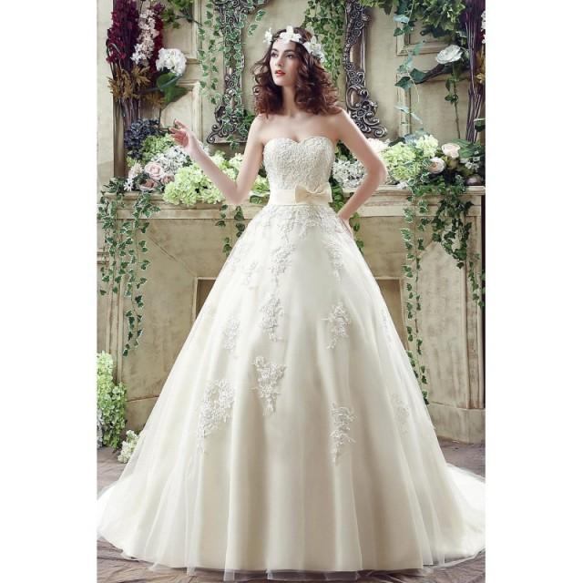 wedding photo - Newest Sweetheart Lace Appliques 2016 Wedding Dress Bowknot Sweep Train, Discount Newest Sweetheart Lace Appliques 2016 Wedding Dress Bowknot Sweep Train Sale Online