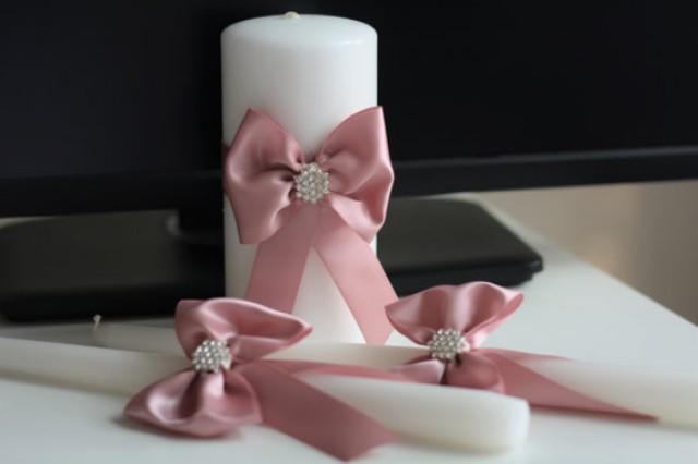 wedding photo - Dusty Rose Unity Candles, Pillar and Stick Wedding Candle, Handmade Bow Unity Candle, Candles with Ribbon Bow and Brooch