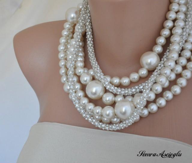 wedding photo - Bridal Bold Chunky Ivory Pearl Necklace with Rhinestone chain