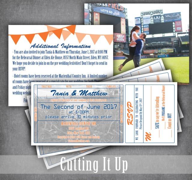 Baseball Wedding Invitation Set, Ticket Invitation, RSVP Ticket Stub, Sports Wedding, Detail Card, New York Mets, Extra Large, MLB, NHL