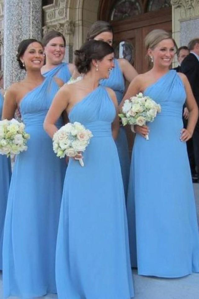 wedding photo - Simple One Shoulder Floor Length Sky Blue Bridesmaid Dress