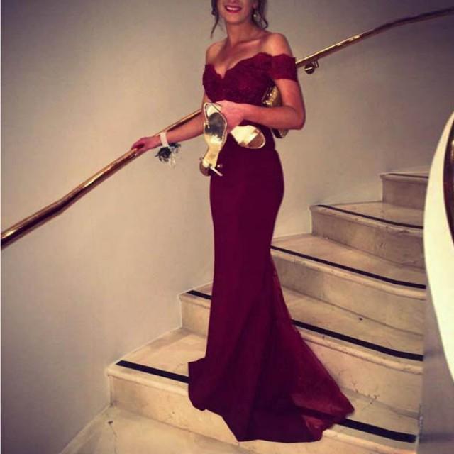 wedding photo - Mermaid Prom/Evening Dress - Burgundy Off-the-Shoulder Sweep Train Lace