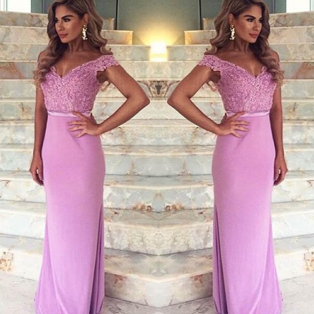 wedding photo - Mermaid Prom/Evening Dress - Pink Off-the-Shoulder Sweep Train Lace