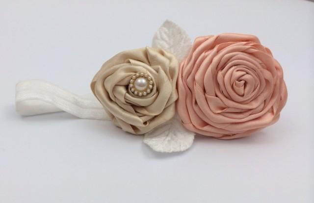 flower girl head band with satin handmade flowers in peach and cream with pearl embellishment and white flowers