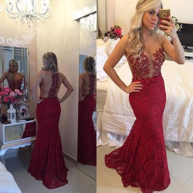 wedding photo - Fancy Scoop Sleeveless Mermaid Burgundy Sweep Train Lace Prom Dress with Beading from Tidetell