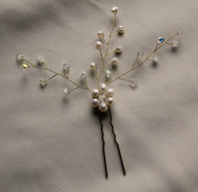 wedding photo - Swarovski pins, freashwater pearls, pearl and crystal hair pins, gold hair pin, wedding hair pin, wedding hairpin, bridal hair pins