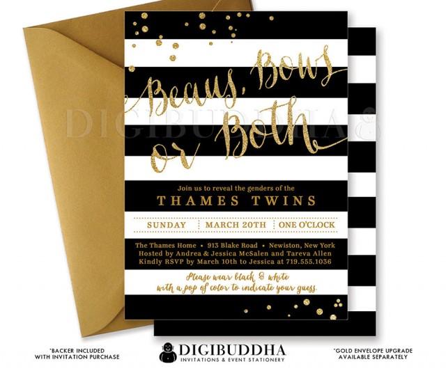 TWINS GENDER REVEAL Baby Shower Invitation Black & White Stripe Modern Gold Glitter Whimsical Neutral Free Shipping or DiY Printable - Wendy