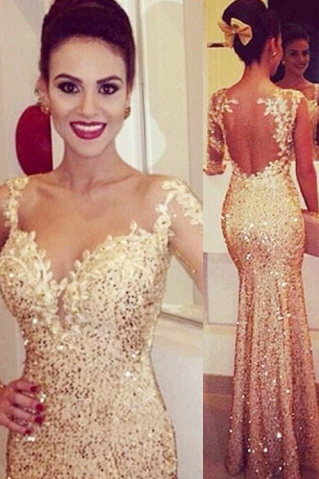 wedding photo - Mermaid Sweetheart Long Sleeves Gold Backless Evening/Prom Dress With Appliques