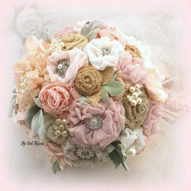 Brooch Bouquet, Shabby Chic, Rose, Rose Quartz, Blush, Gold, Ivory, Vintage Wedding, Burlap Bouquet, Wedding Bouquet, Pearl Bouquet, Rustic