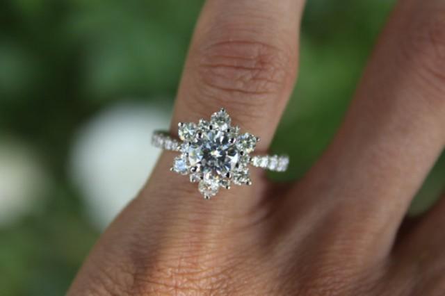 wedding photo - 1 Carat Forever One Moissanite & Diamond Flower Lotus Halo Engagement Ring - Diamond Bloom - Engagement Rings for Women