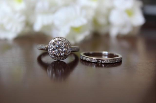 wedding photo - 1 Carat Forever One Moissanite & Diamond Wedding Set - Bridal Set - Engagement Ring - For Women - Diamond Halo - Moissanite Wedding Sets