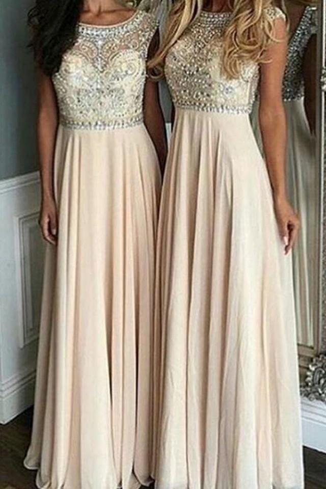 wedding photo - Stylish Bateau Cap Sleeves Floor-Length Prom Dress with Beading