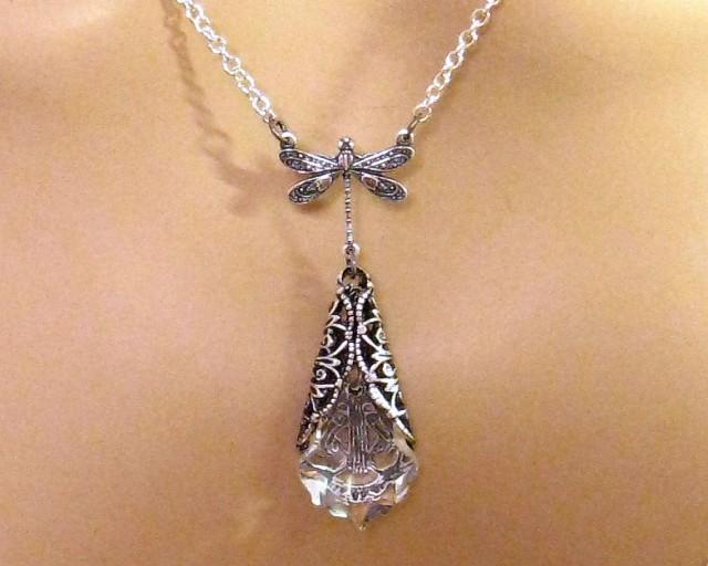 Victorian Dragonfly Necklace: Swarovski Clear Crystal Necklace, Victorian Wedding Jewelry, Crystal Bridal Necklace, Bridesmaids Necklace