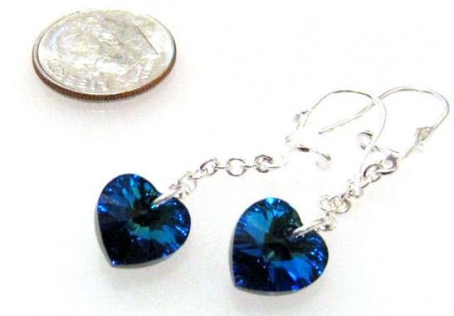 Swarovski Heart Earrings Dark Blue on Long Drop, Swarovski Blue Heart Earrings, Prom Jewelry, Blue Dangle Earrings, Blue Wedding Jewelry