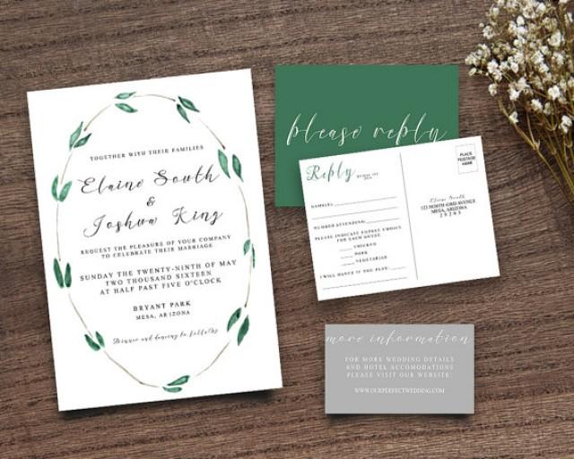 wedding photo - Green Leaves Invite, Green Leaf Invite Leafy Invitation Wreath Wedding Invite, Wedding Invitation, Calligraphy Invite, DIY Invitation Suite