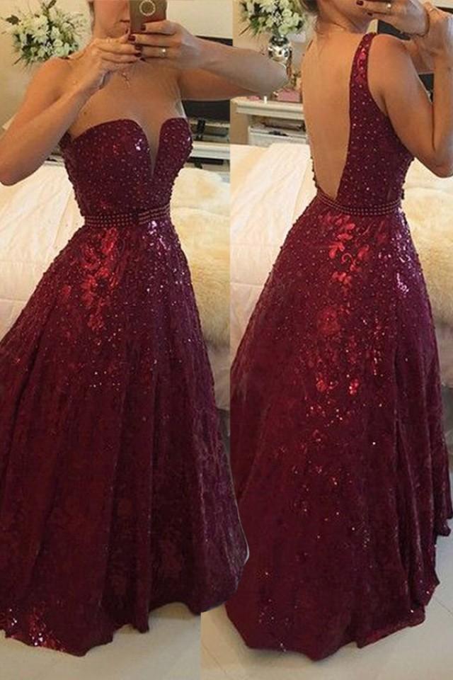 wedding photo - Sexy V-neck Burgundy Backless Floor-Length Lace Prom Dress with Beading