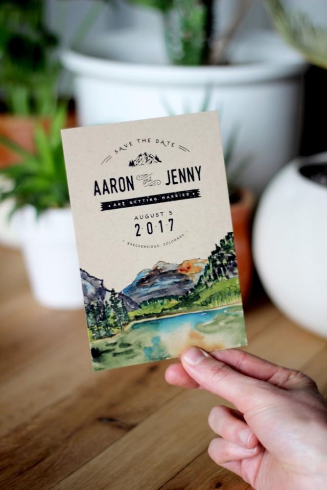 wedding photo - Rustic Watercolor Mountain Save The Date