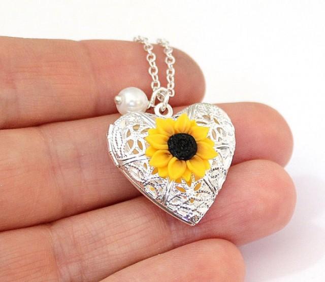 wedding photo - Sunflower Heart locket necklace, Gold Sunflower, Silver Plated Sunflower Locket, Birthday Gift, Sunflower Photo Locket