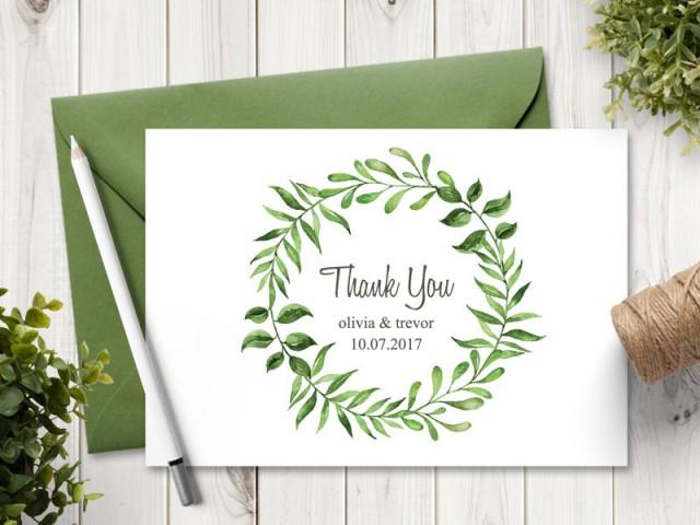 wedding photo - Watercolor Wreath Wedding Thank You Card Template "Lovely Leaves", Green. DIY Printable Thank You Note. MS Word, Instant Download.