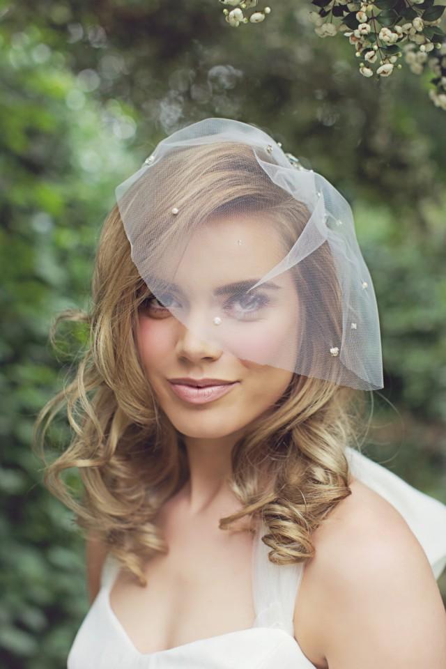 wedding photo - Astor - Tulle Crystal Pearl Birdcage Veil