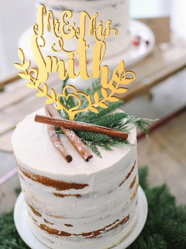 wedding photo - Wedding Cake Topper Custom surname Personalized Surname Wood Gold Cake Topper Rustic Wedding Cake Topper Boho Cake Topper