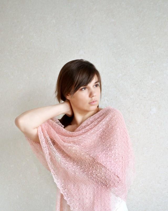 Pale Pink Scarf Linen Scarf  Lace Shawl Sheer Wrap Bridemaids Stole Knitted Gauzy Scarf