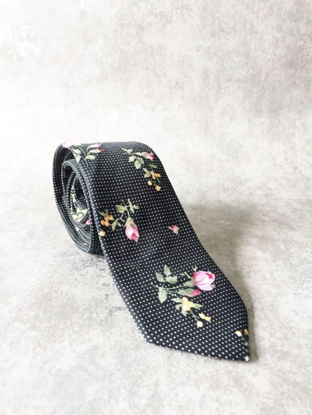 Dapper Black Floral Rose Tie - Dapper Style Tie - Wedding Flower Black Tie - Mens Black Flower Tie - Groomsmen Black Tie - Grooms Floral Tie