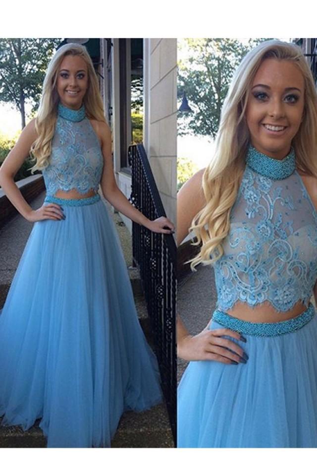 wedding photo - Sexy Mermaid High Neck Blue Two Piece Prom Dress Wtih Appliques Beading