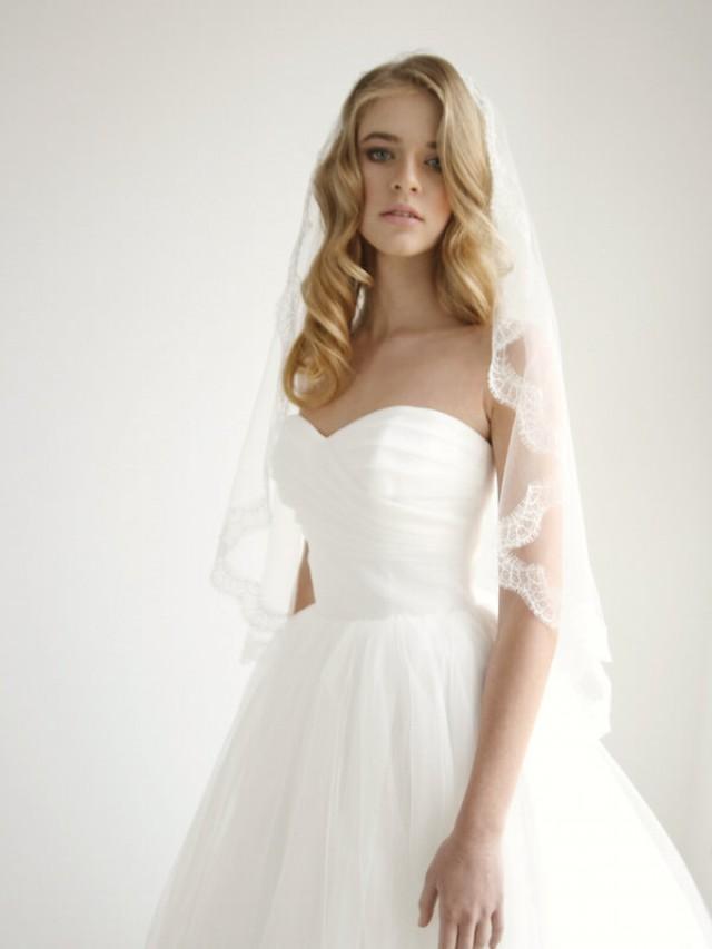 Silk tulle mantilla wedding veil with lace trim, lace mantilla wedding veil, mantilla veil, fingertip veil, Mary - Style V05