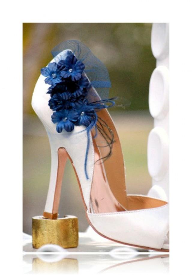 Shoe Clips Navy Something Blue Flowers. Summer Bridesmaid Bridal Dark Marine, Silver - Gold Glitter / Pearls Center Tulle, Maritime Nautical